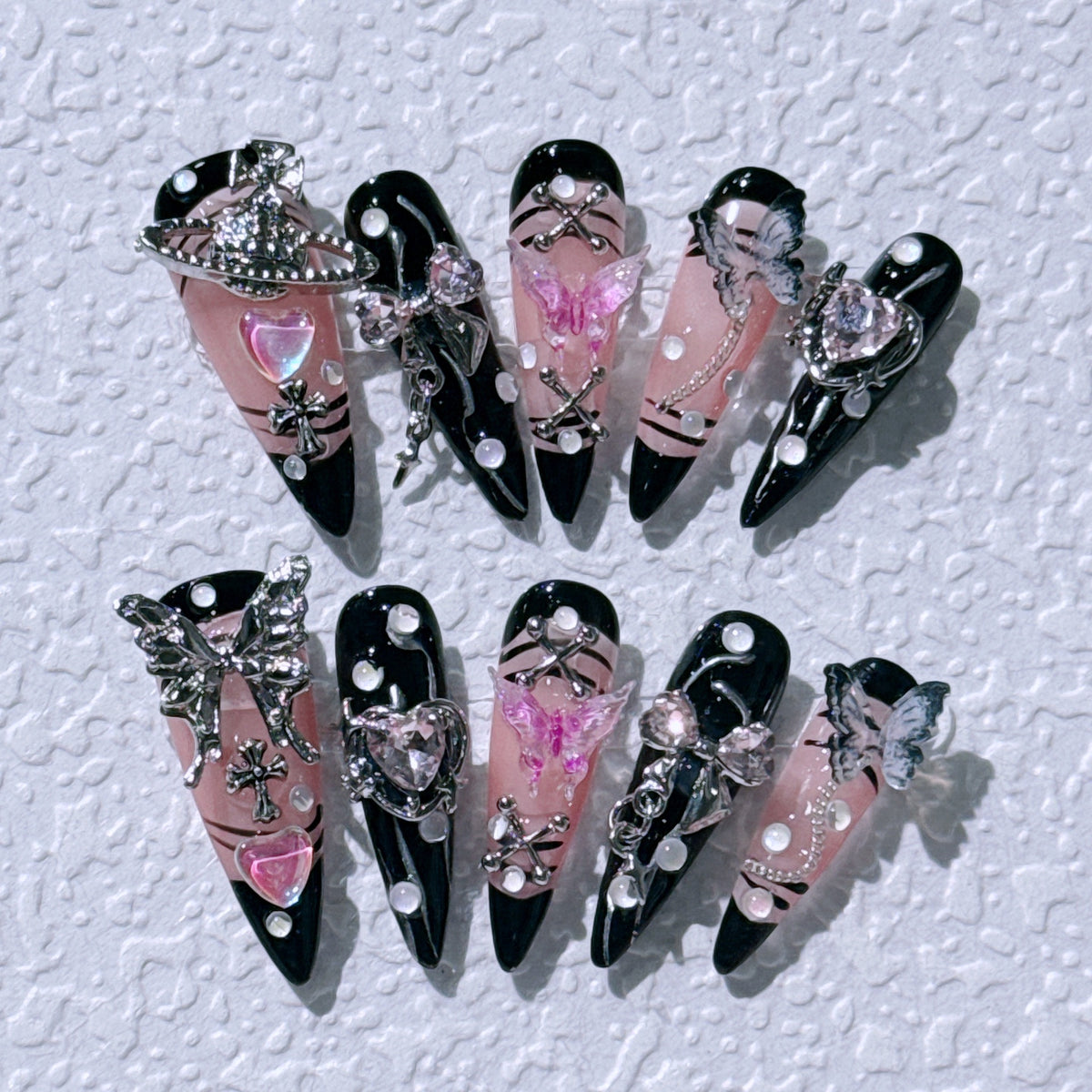 H011 Black Pink Butterfly HANDMADE NAIL