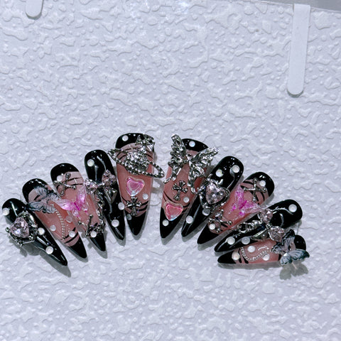 H011 Black Pink Butterfly HANDMADE NAIL