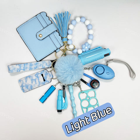 12pcs Keychain Sets With Wristlet Bracelet Wallet, pom pom ball, compass For Kids