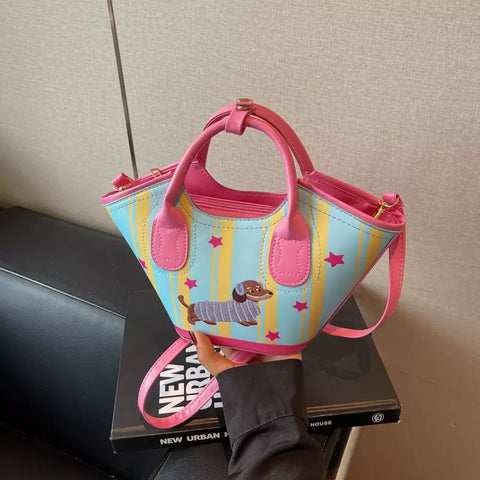 Colorful hand-held bucket bag with puppy pattern