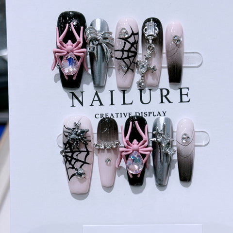 H003 Black Pink Cool Spider HANDMADE NAIL